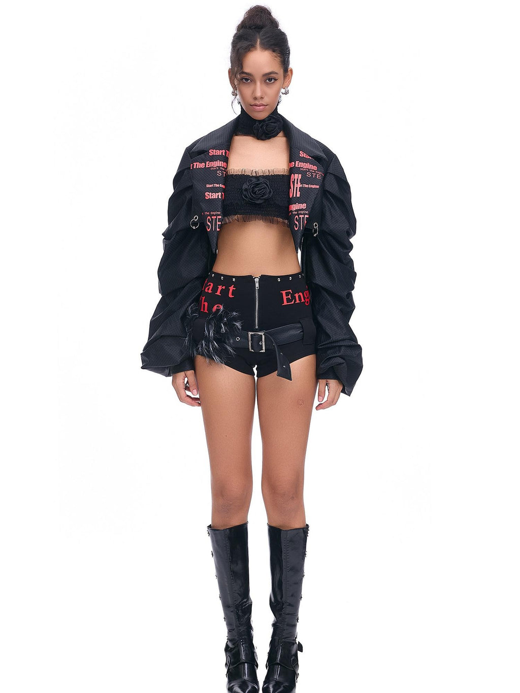 START THE ENGINE Studded Asymmetrical Letter Print High Waist Zipper Women's Viscose Hot Pants