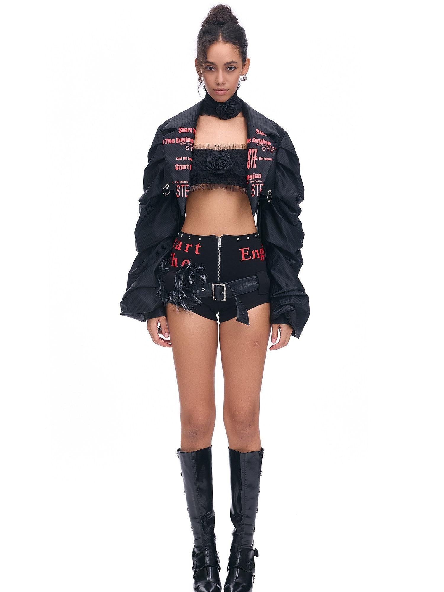 START THE ENGINE Studded Asymmetrical Letter Print High Waist Zipper Women's Viscose Hot Pants