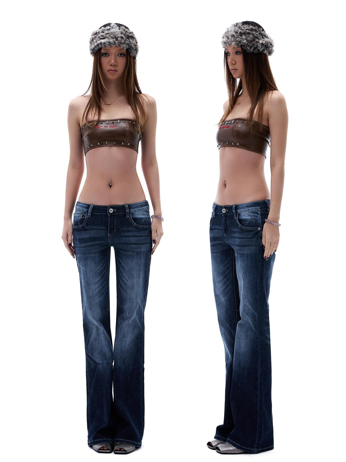 START THE ENGINE Studded Brown Pu Slim Fit Streetwear Women's Tube Tops