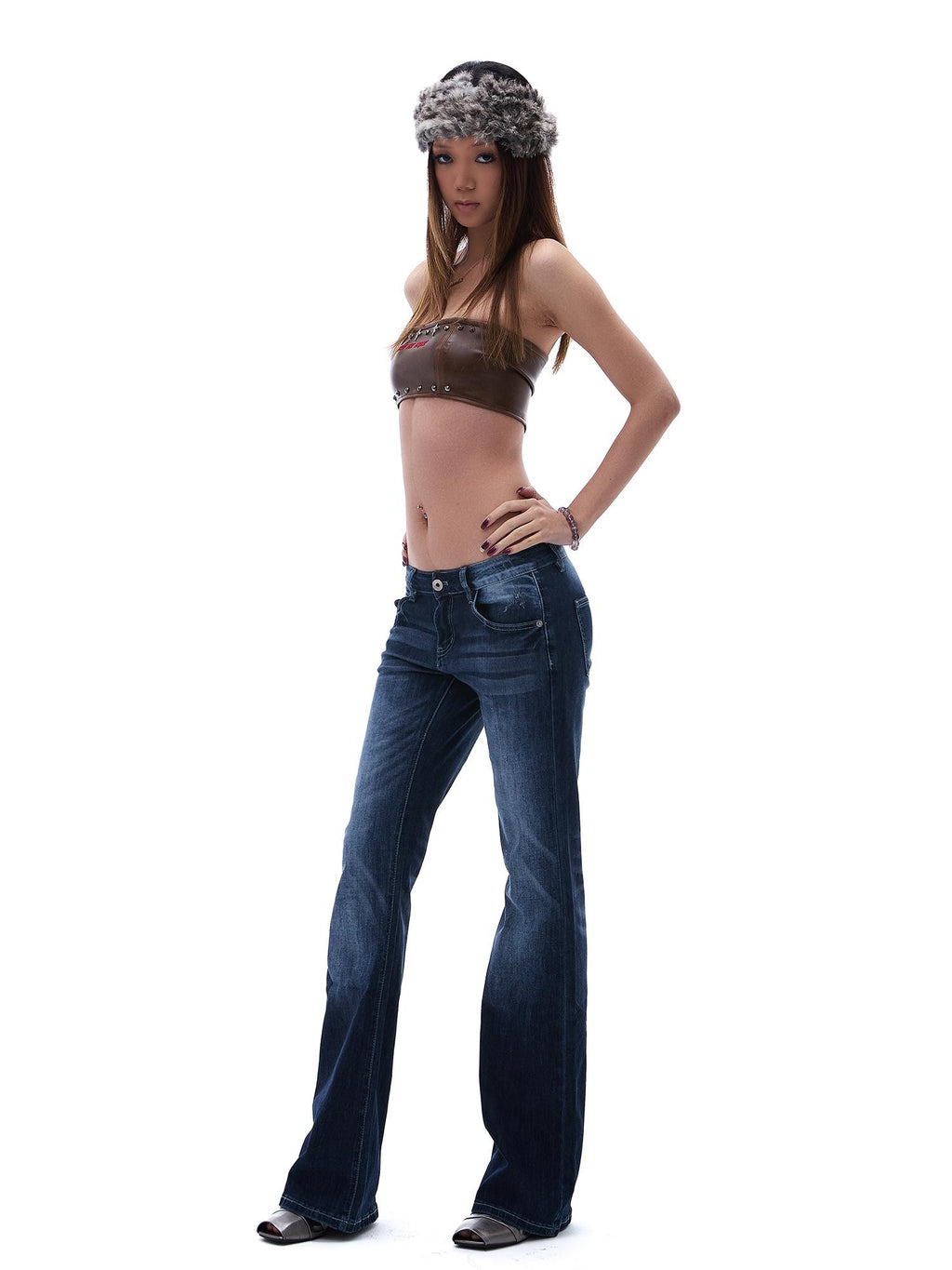 START THE ENGINE Studded Brown Pu Slim Fit Streetwear Women's Tube Tops