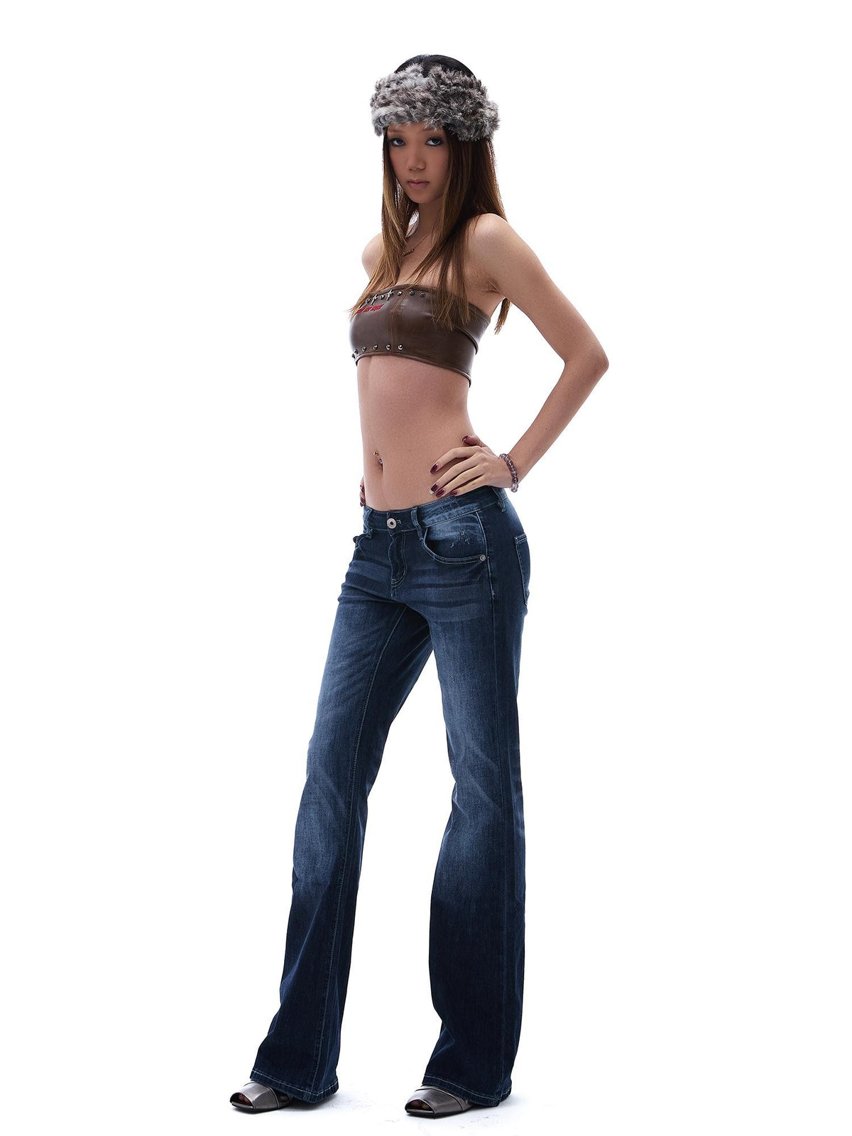 START THE ENGINE Studded Brown Pu Slim Fit Streetwear Women's Tube Tops