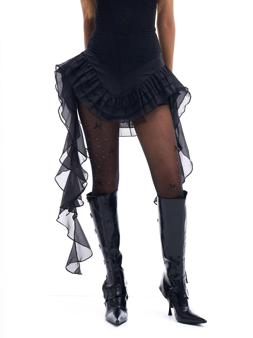 START THE ENGINE Tulle Asymmetrical Ruffle Ribbon Low Rise Women's Polyester Skorts