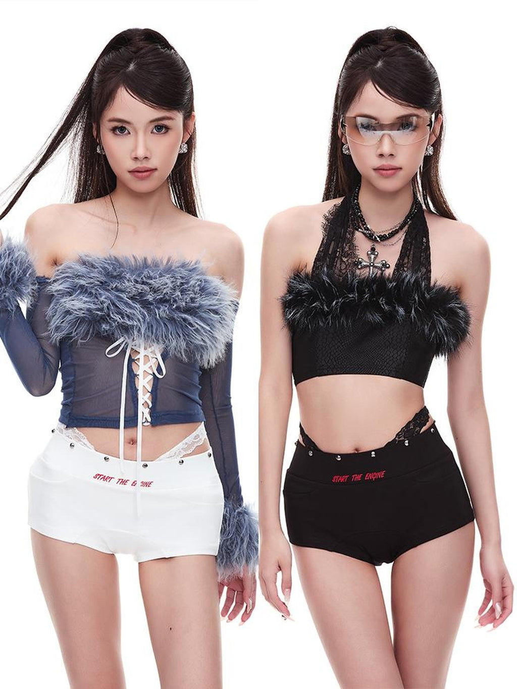 START THE ENGINE Two Tone Studded Lace Panel Slim Fit Women's Hot Pants