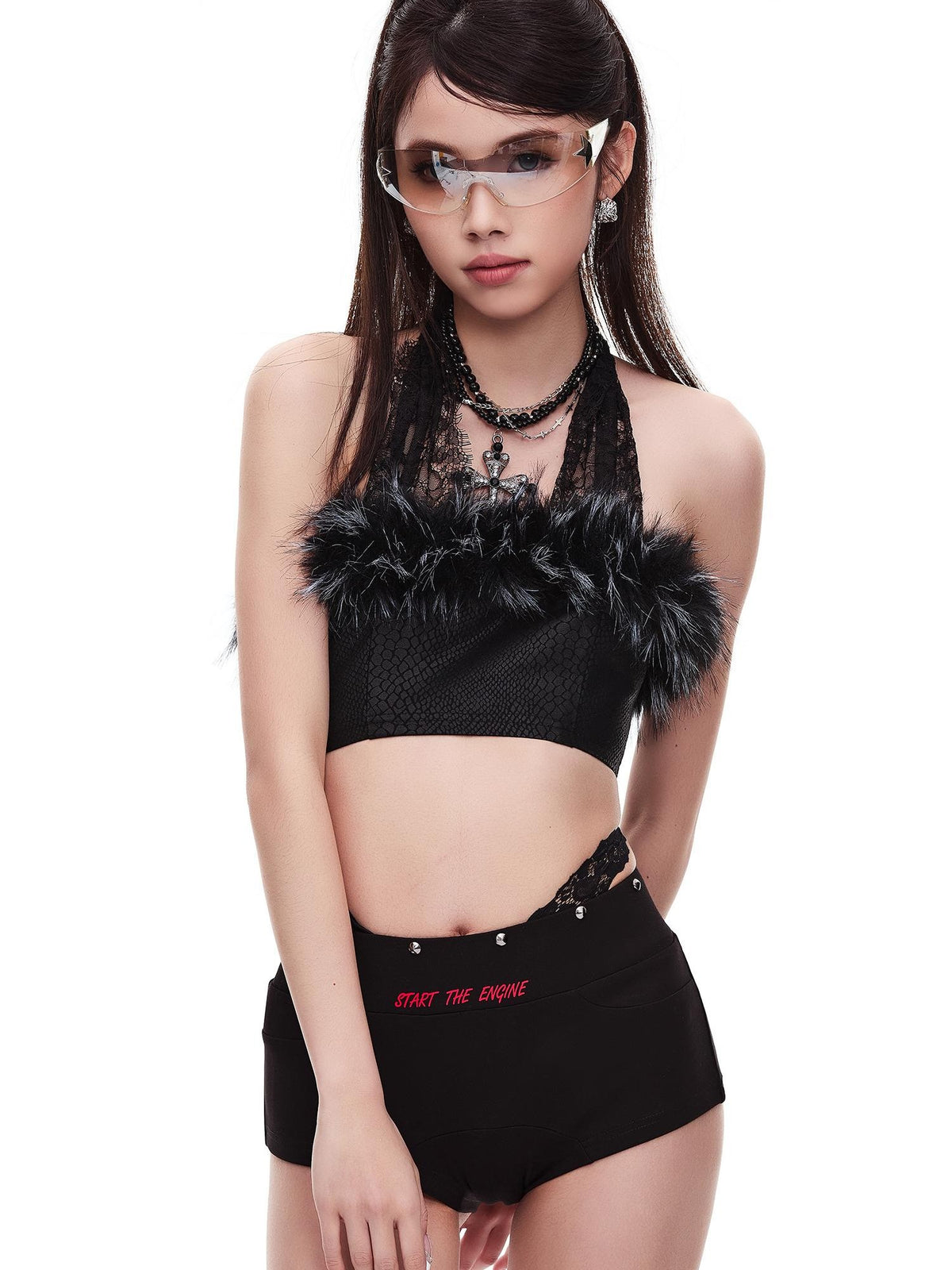 START THE ENGINE Two Tone Studded Lace Panel Slim Fit Women's Hot Pants