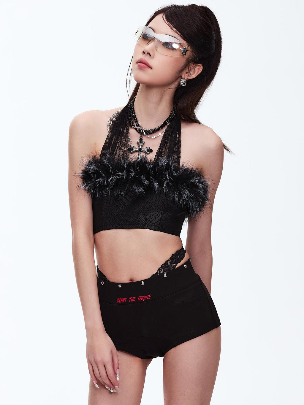 START THE ENGINE Two Tone Studded Lace Panel Slim Fit Women's Hot Pants