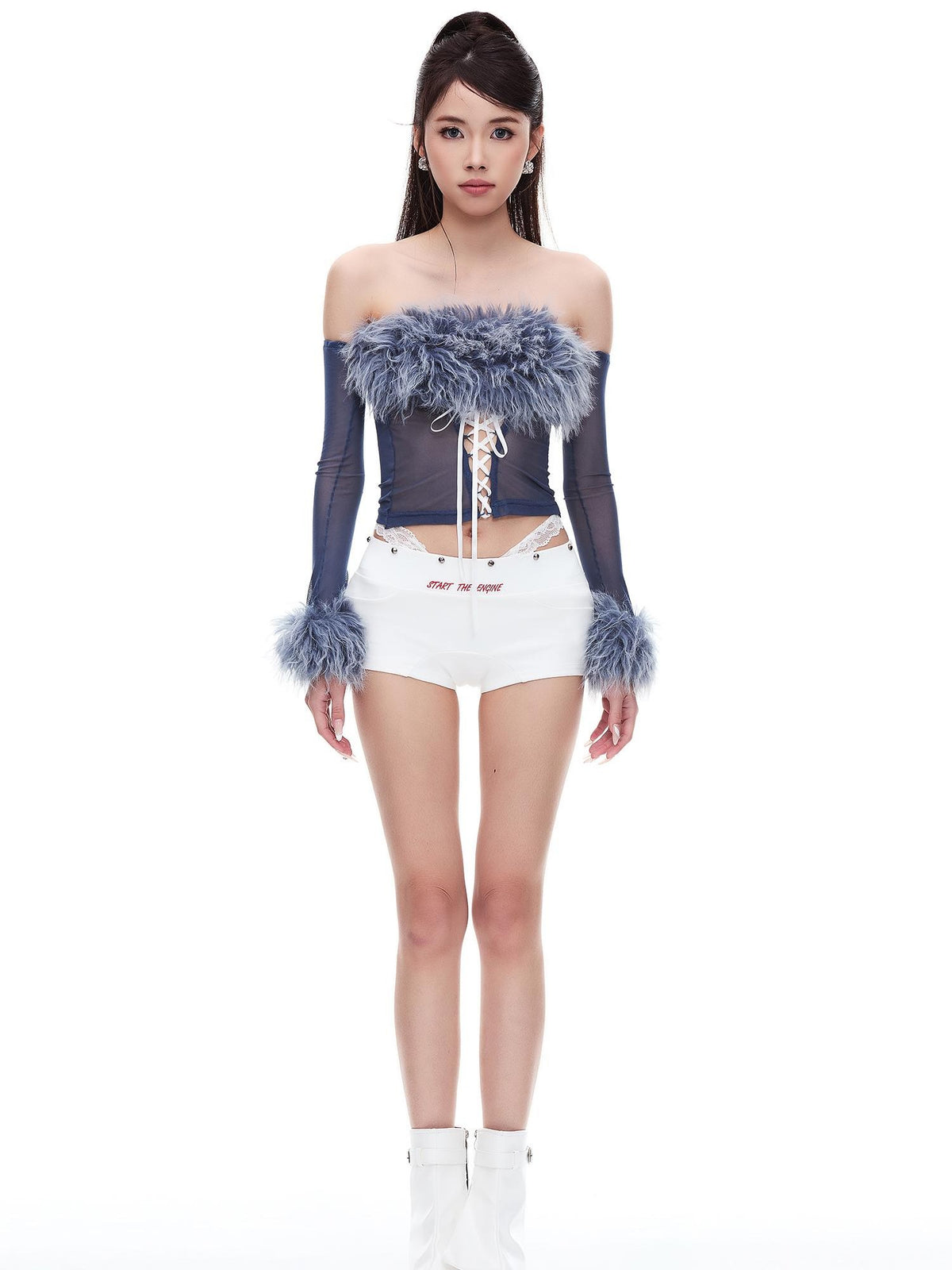 START THE ENGINE Two Tone Studded Lace Panel Slim Fit Women's Hot Pants