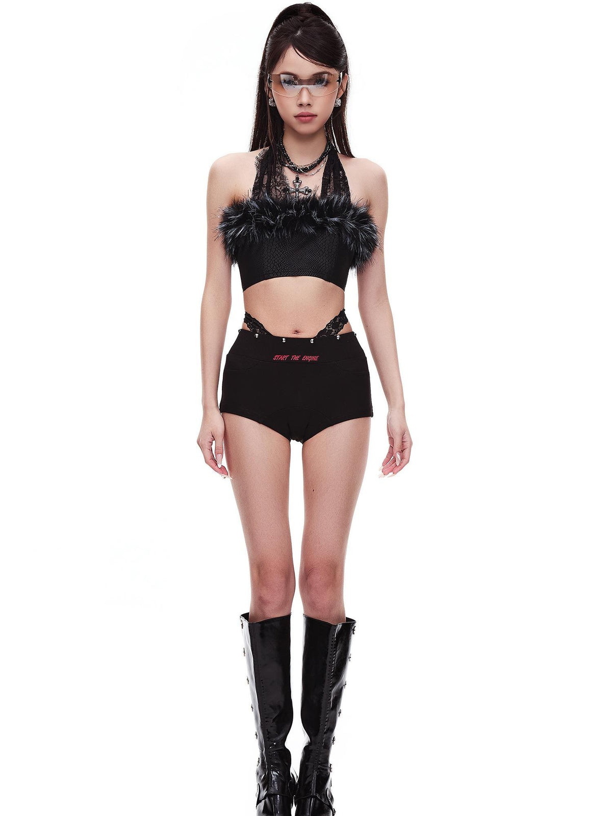 START THE ENGINE Two Tone Studded Lace Panel Slim Fit Women's Hot Pants