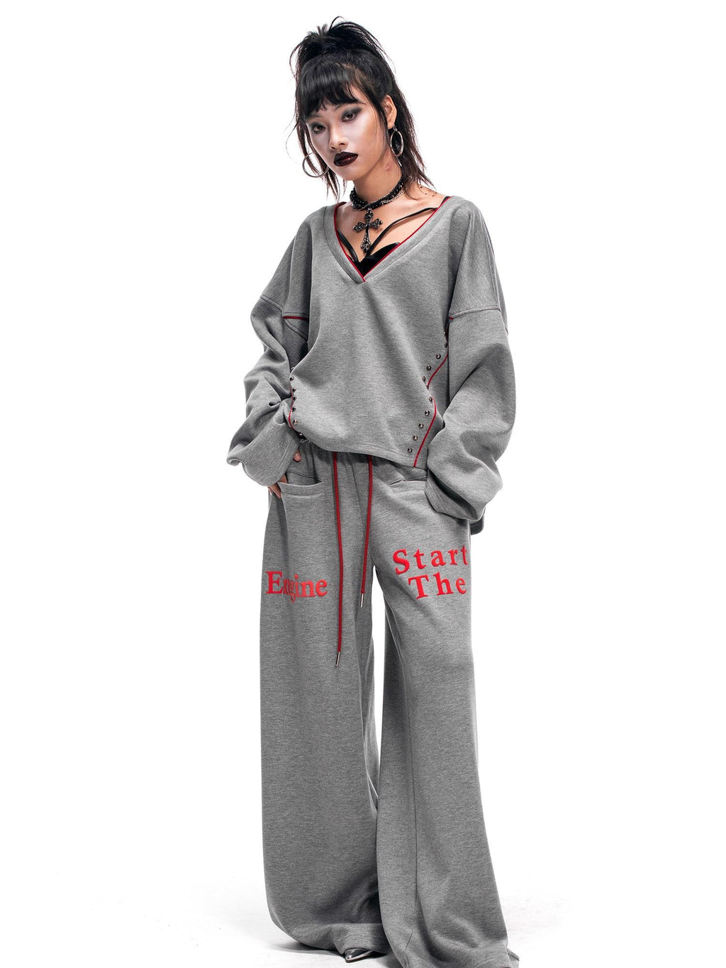 START THE ENGINE V-neck Colorblock Studded Reversible Women's Viscose Blend Sweatshirts