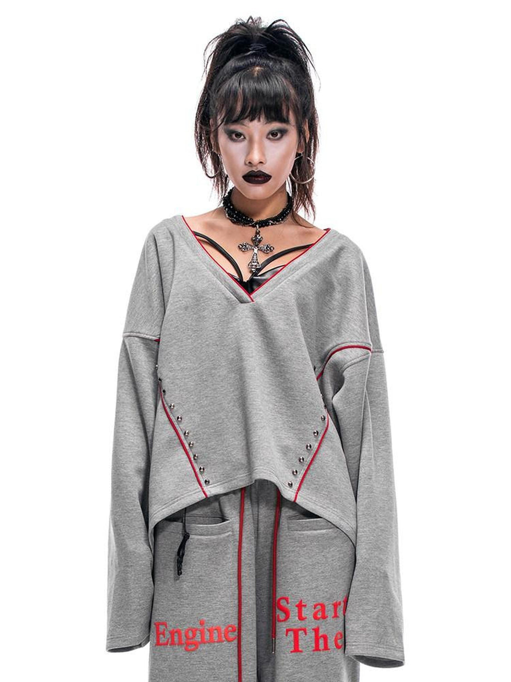 START THE ENGINE V-neck Colorblock Studded Reversible Women's Viscose Blend Sweatshirts