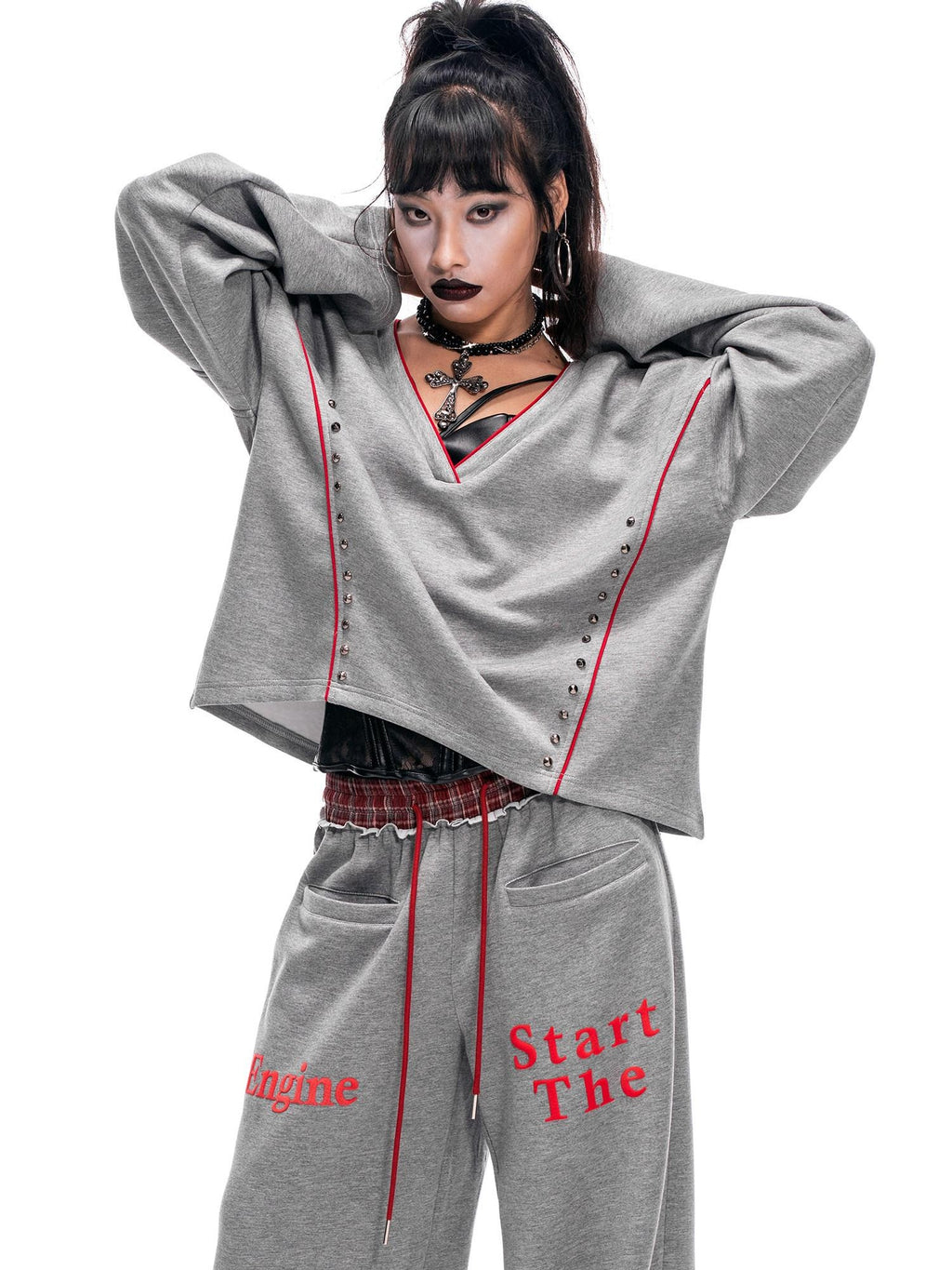 START THE ENGINE V-neck Colorblock Studded Reversible Women's Viscose Blend Sweatshirts