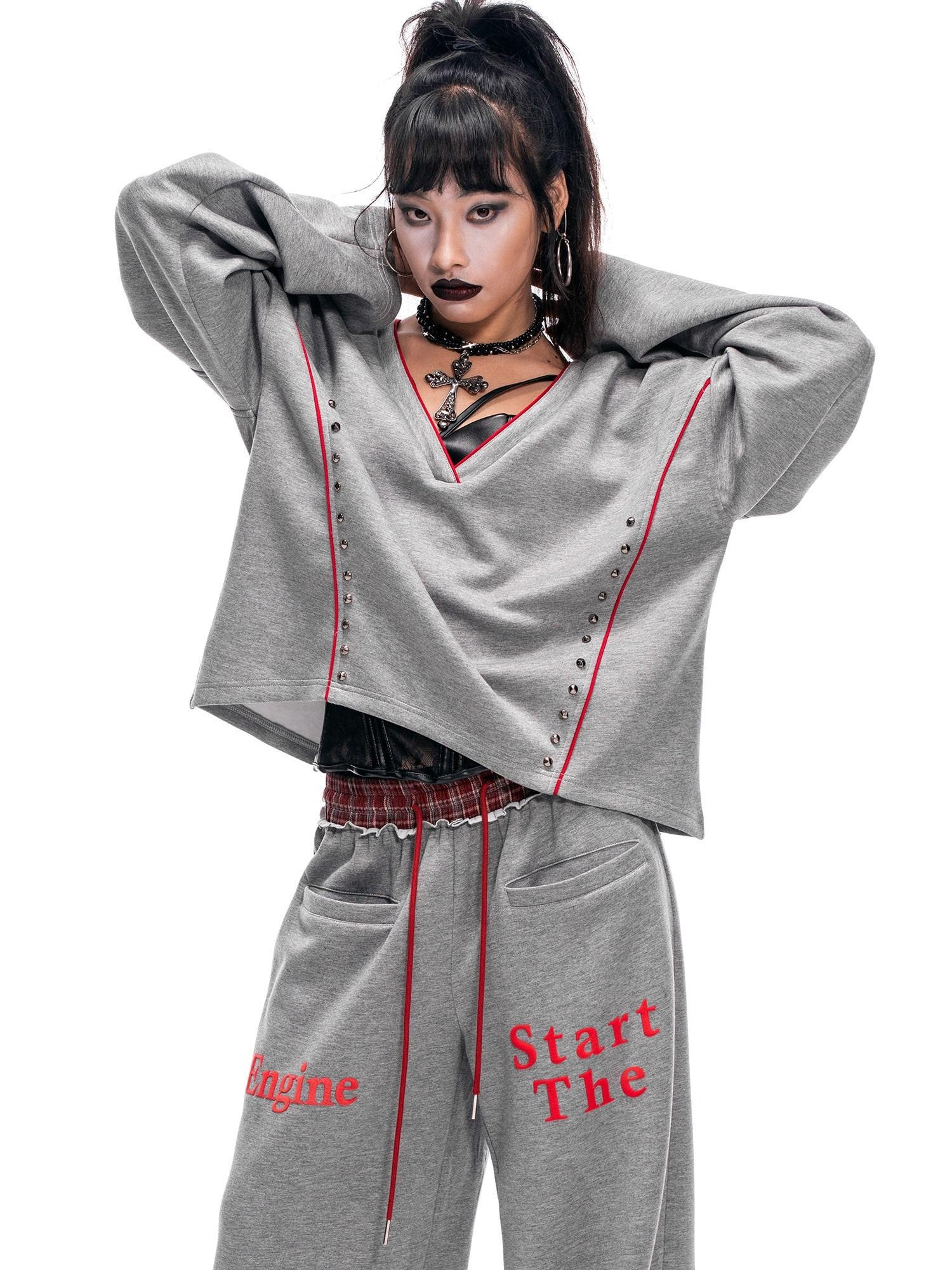 START THE ENGINE V-neck Colorblock Studded Reversible Women's Viscose Blend Sweatshirts