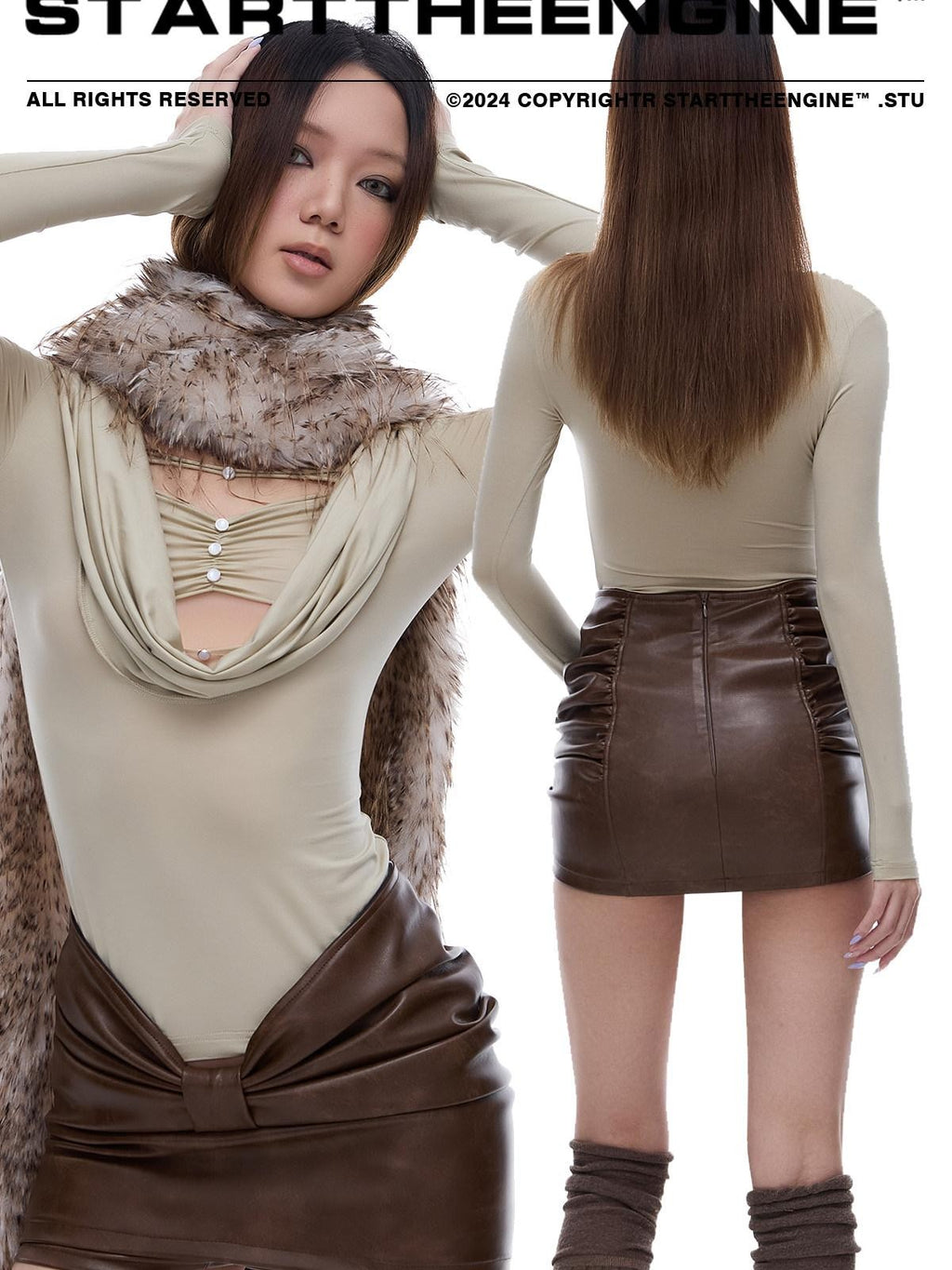 START THE ENGINE V Shaped Ruched Low Rise Bodycon Women's Pu Lined Micro Elastic Mini Skirts