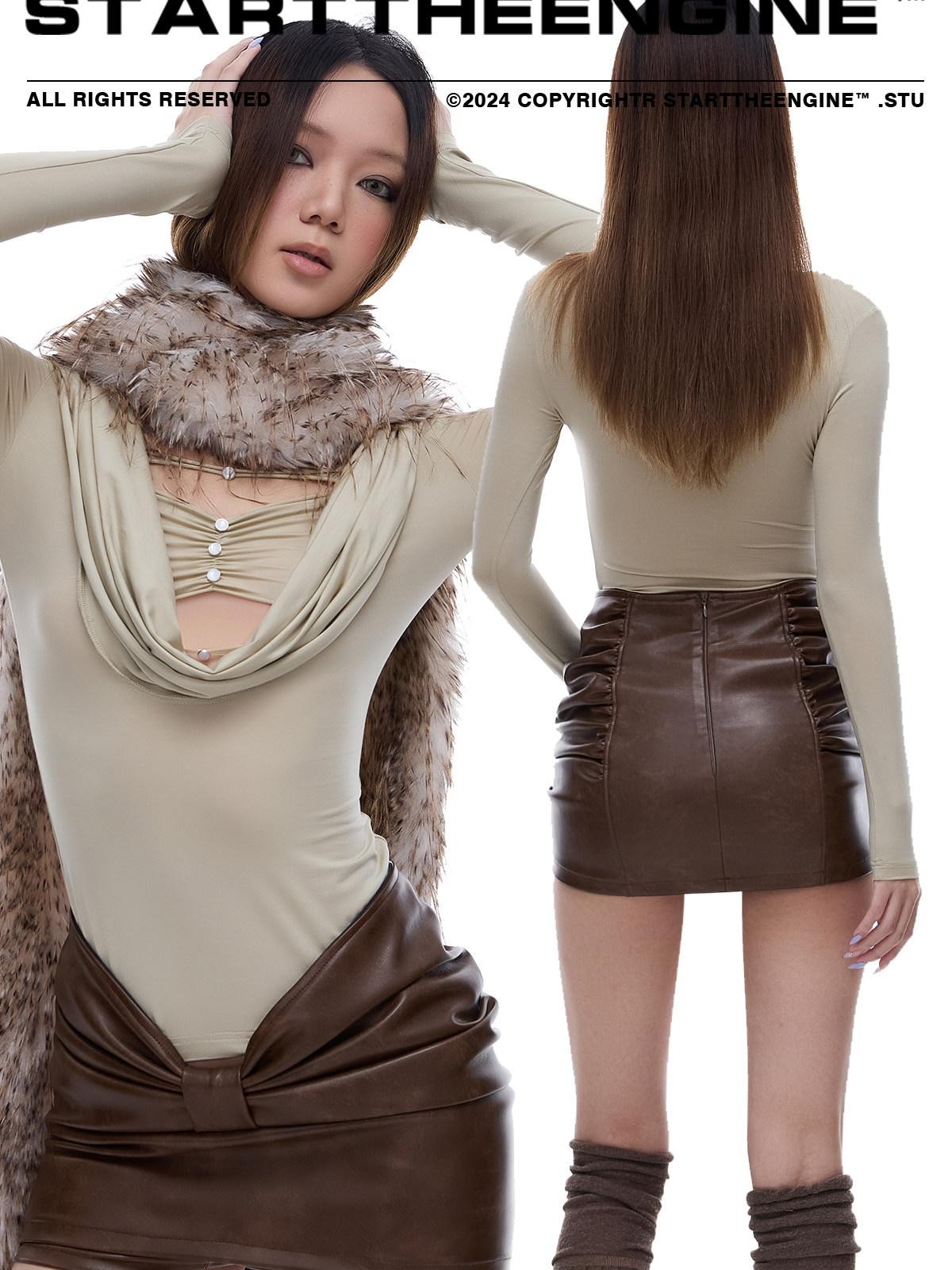 START THE ENGINE V Shaped Ruched Low Rise Bodycon Women's Pu Lined Micro Elastic Mini Skirts