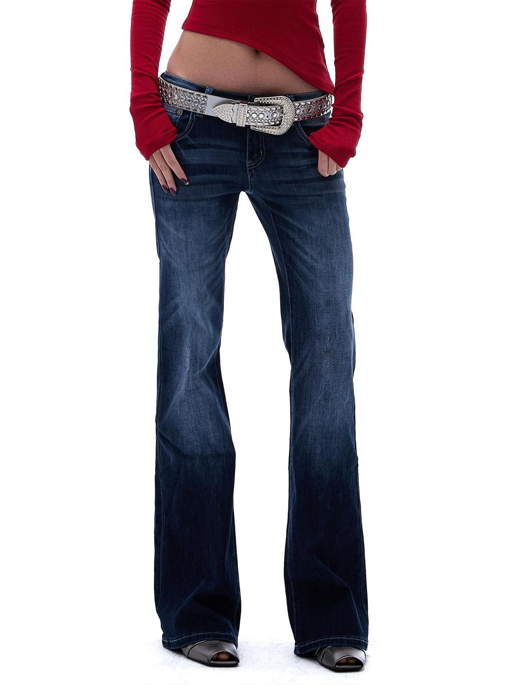 START THE ENGINE Vintage Wash Distressed Low Rise Flare Women's Cotton Slim Jeans