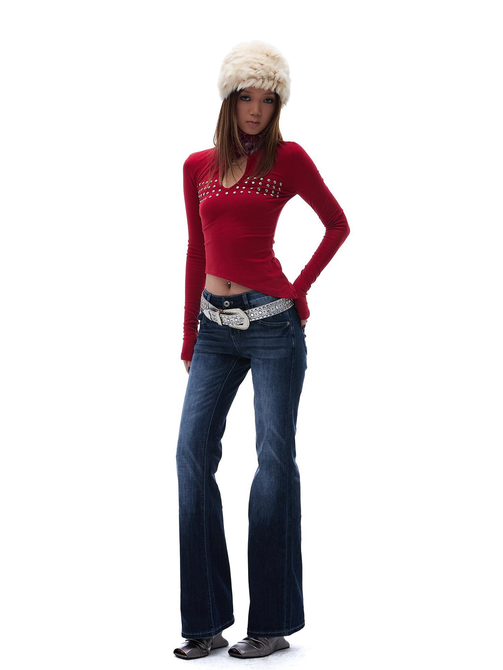 START THE ENGINE Vintage Wash Distressed Low Rise Flare Women's Cotton Slim Jeans