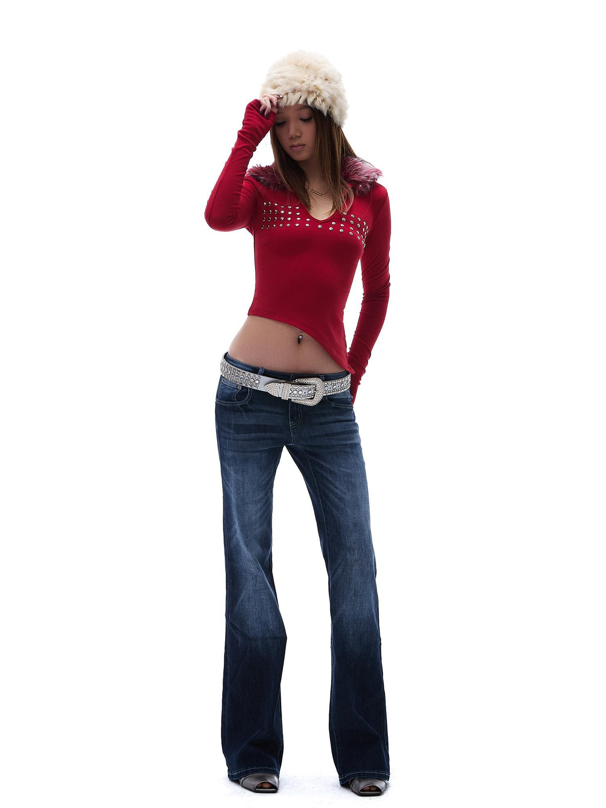 START THE ENGINE Vintage Wash Distressed Low Rise Flare Women's Cotton Slim Jeans