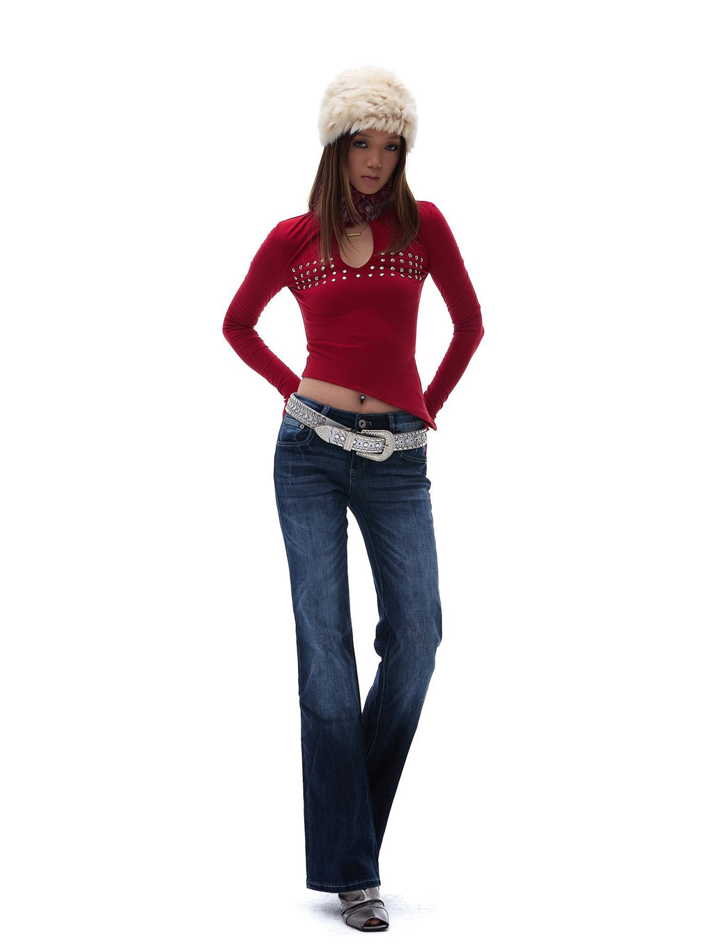 START THE ENGINE Vintage Wash Distressed Low Rise Flare Women's Cotton Slim Jeans