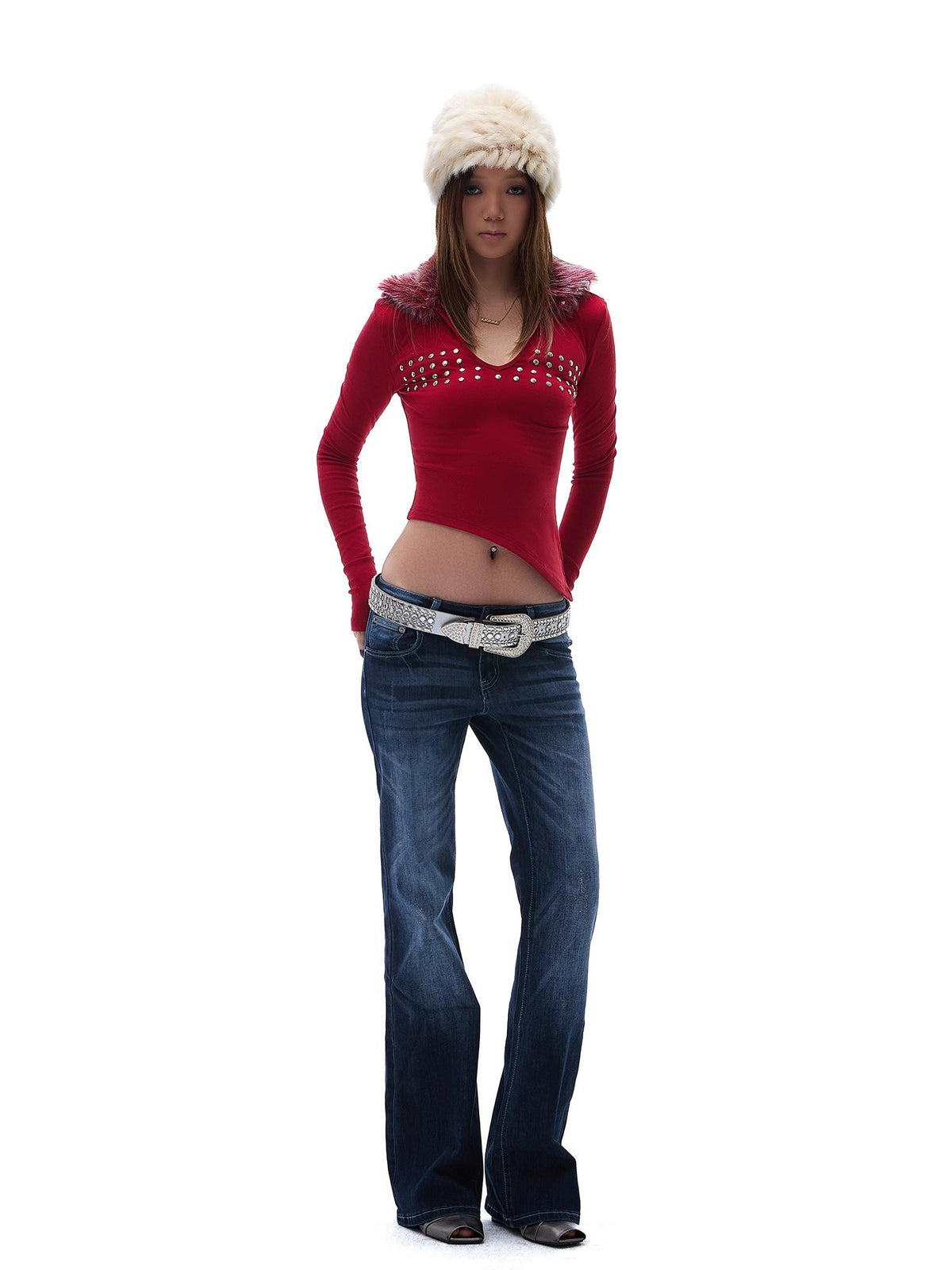 START THE ENGINE Vintage Wash Distressed Low Rise Flare Women's Cotton Slim Jeans