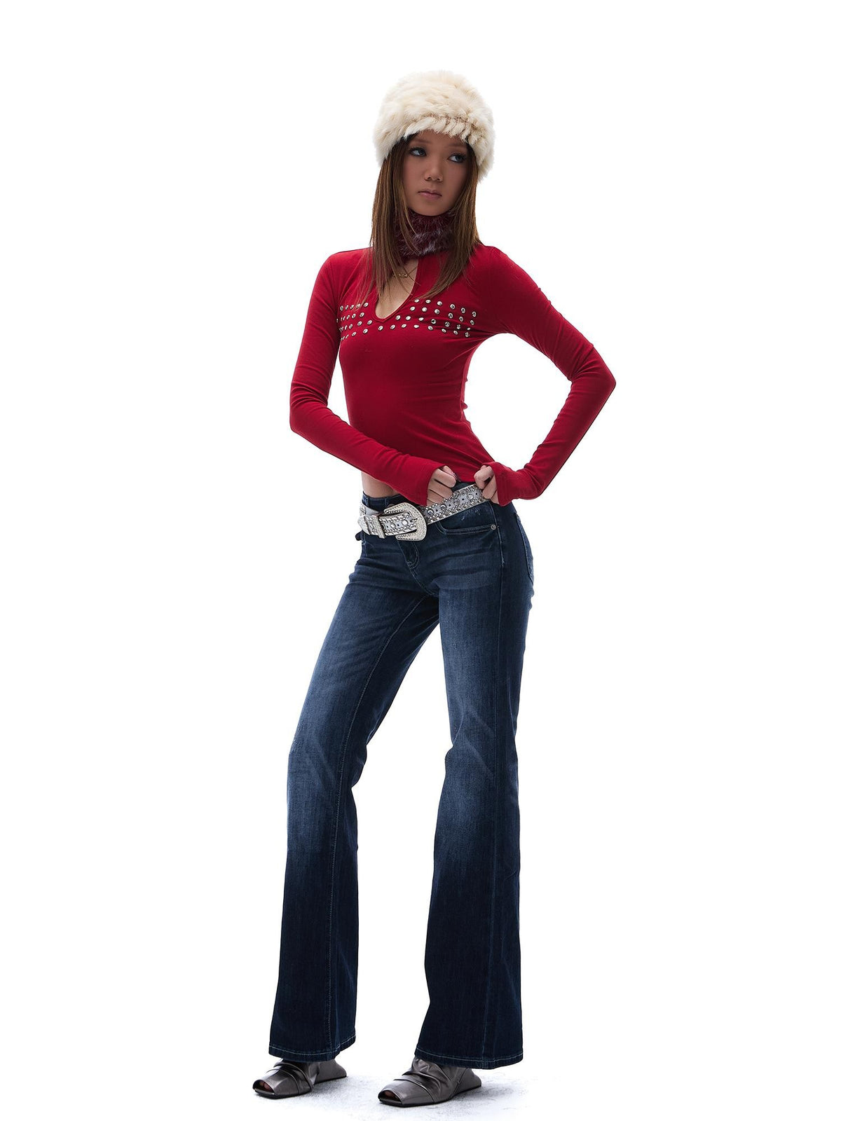 START THE ENGINE Vintage Wash Distressed Low Rise Flare Women's Cotton Slim Jeans