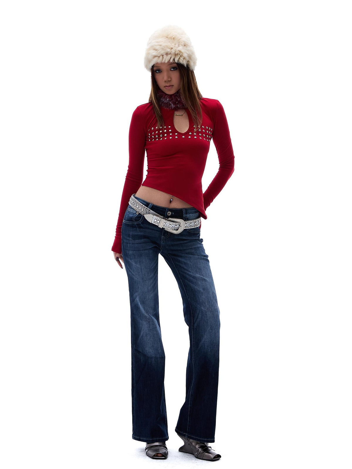 START THE ENGINE Vintage Wash Distressed Low Rise Flare Women's Cotton Slim Jeans