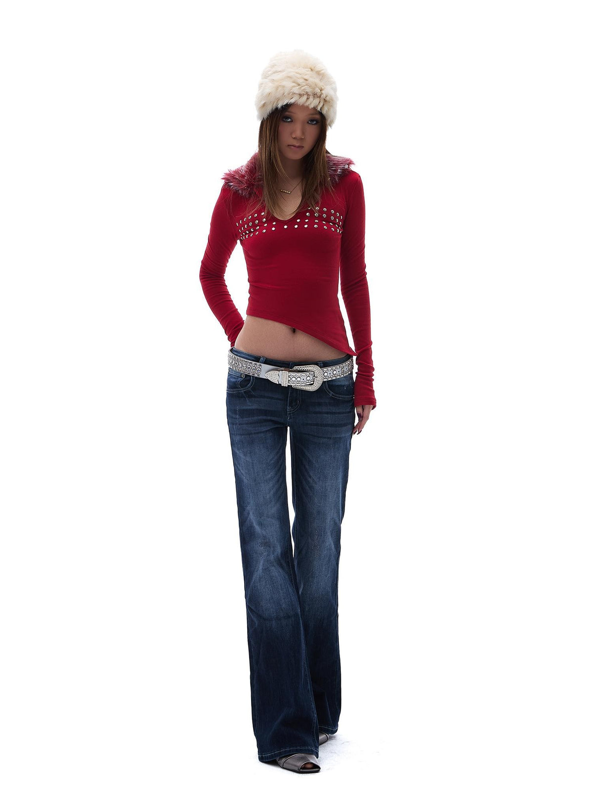 START THE ENGINE Vintage Wash Distressed Low Rise Flare Women's Cotton Slim Jeans