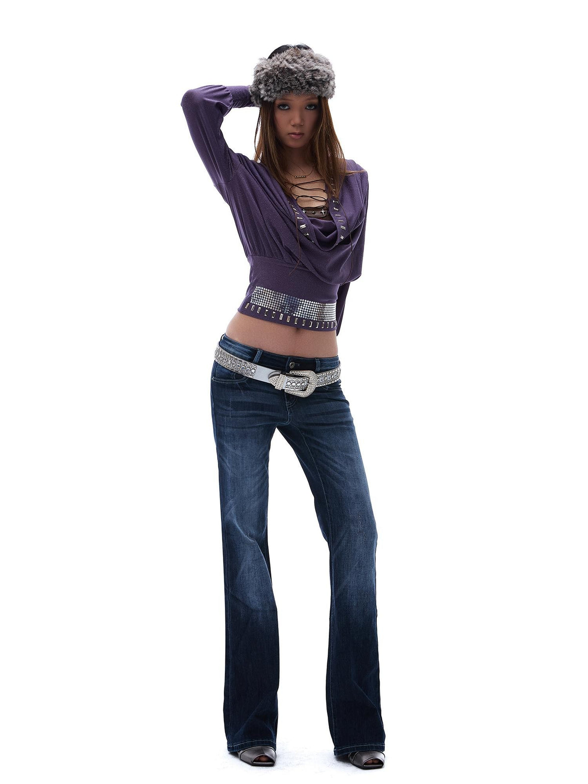 START THE ENGINE Vintage Wash Distressed Low Rise Flare Women's Cotton Slim Jeans