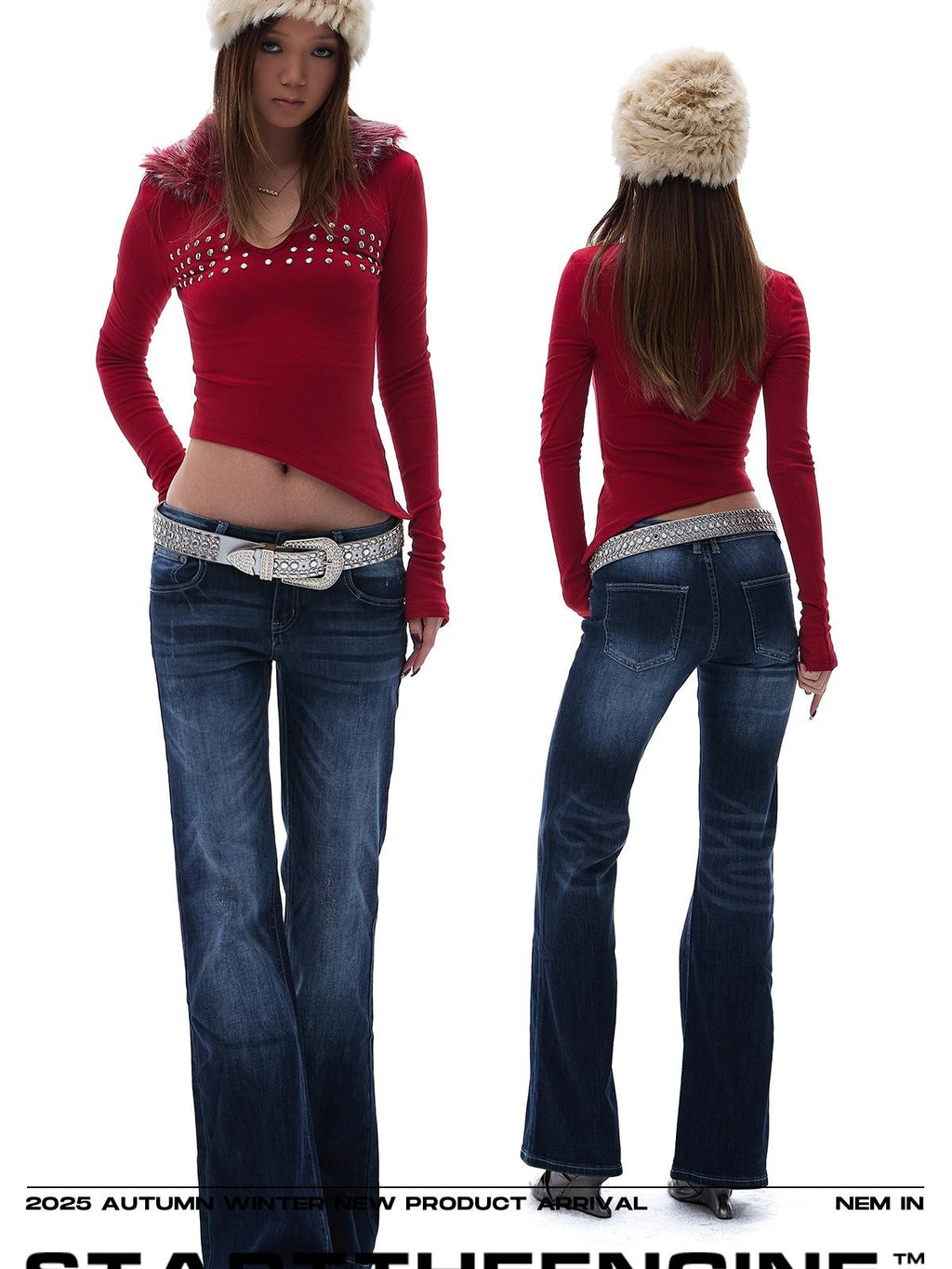 START THE ENGINE Vintage Wash Distressed Low Rise Flare Women's Cotton Slim Jeans