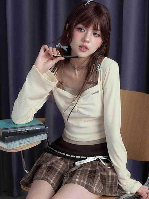 SagiDolls Almond Embroidered Letter Faux Two Women's Slim Long Sleeve T-shirts