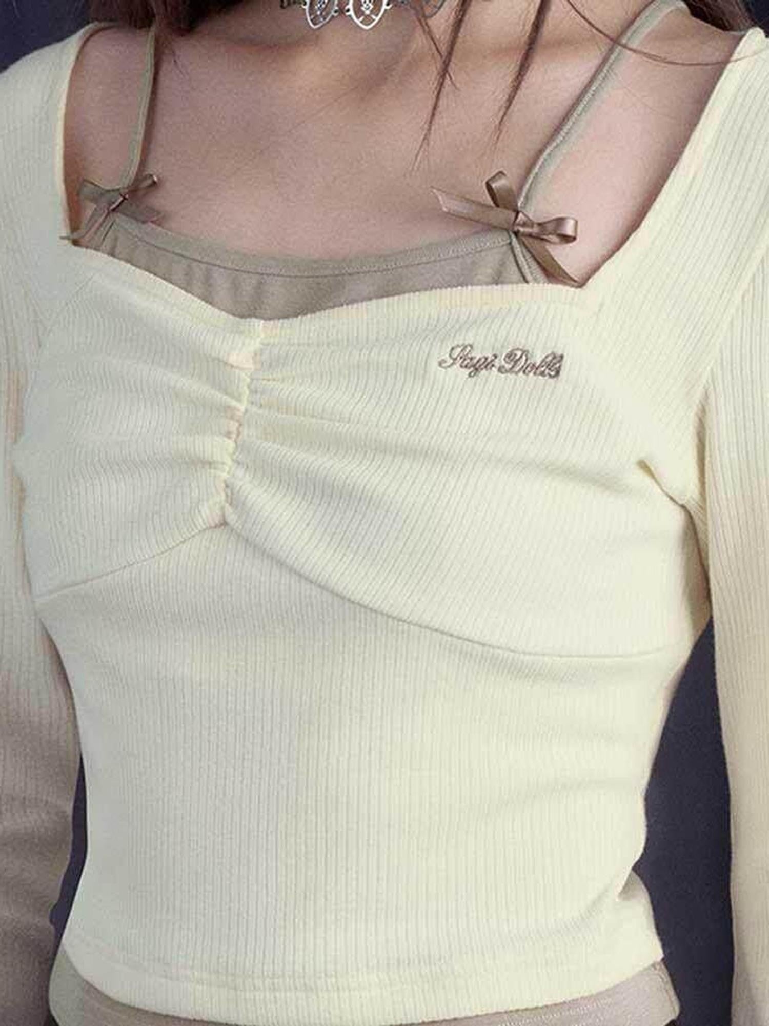 SagiDolls Almond Embroidered Letter Faux Two Women's Slim Long Sleeve T-shirts