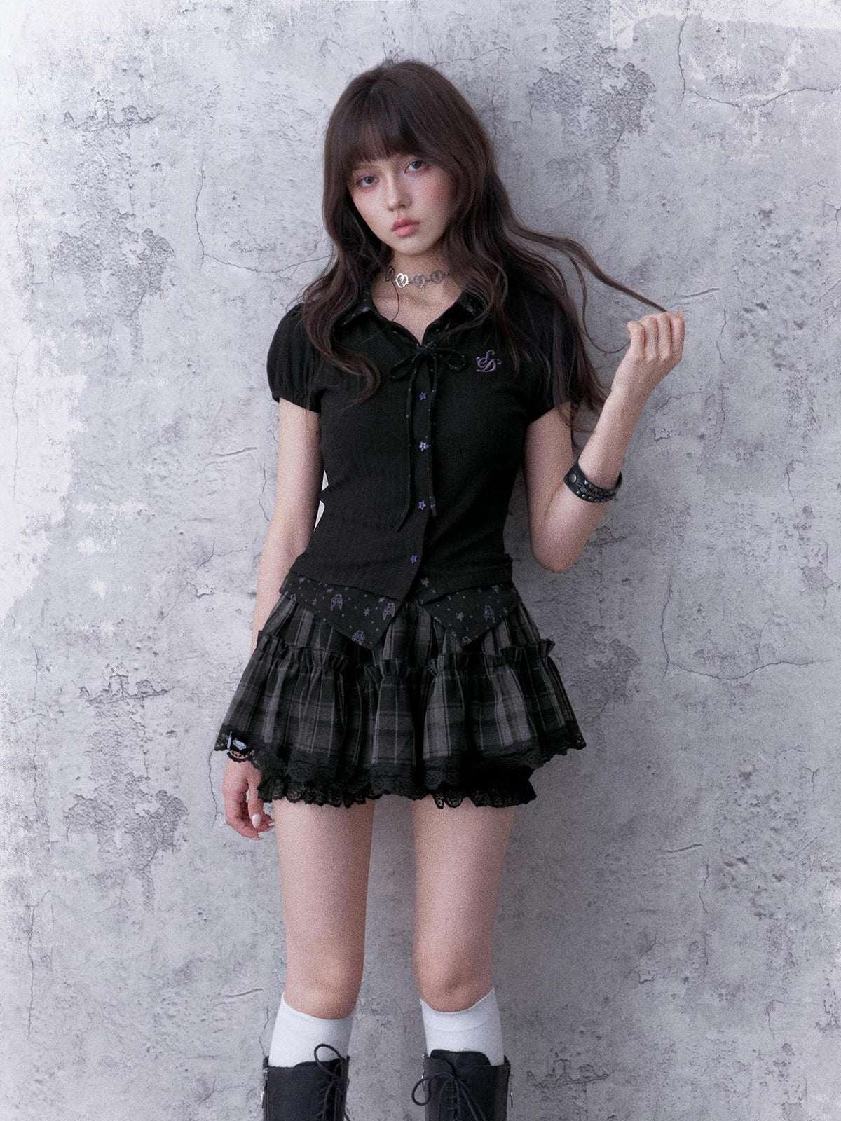 SagiDolls Angel Bear Print Lapel Faux Two Piece Puff Sleeve Women's Viscose Short Sleeve T-shirts