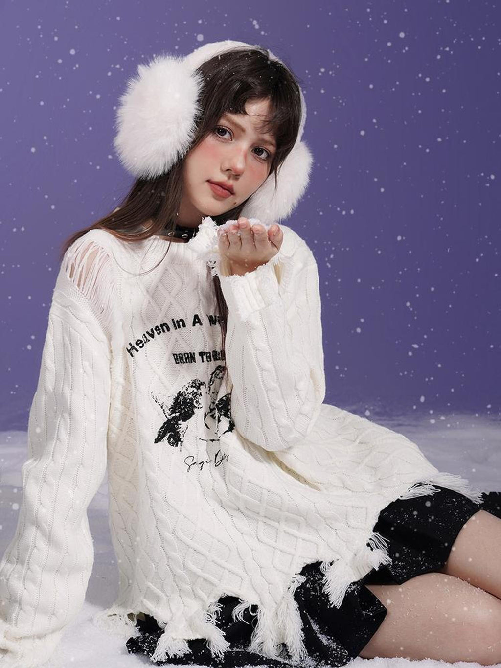 SagiDolls Angel Print Distressed Loose Fit Round Neck Women's Acrylic Pullover Sweaters