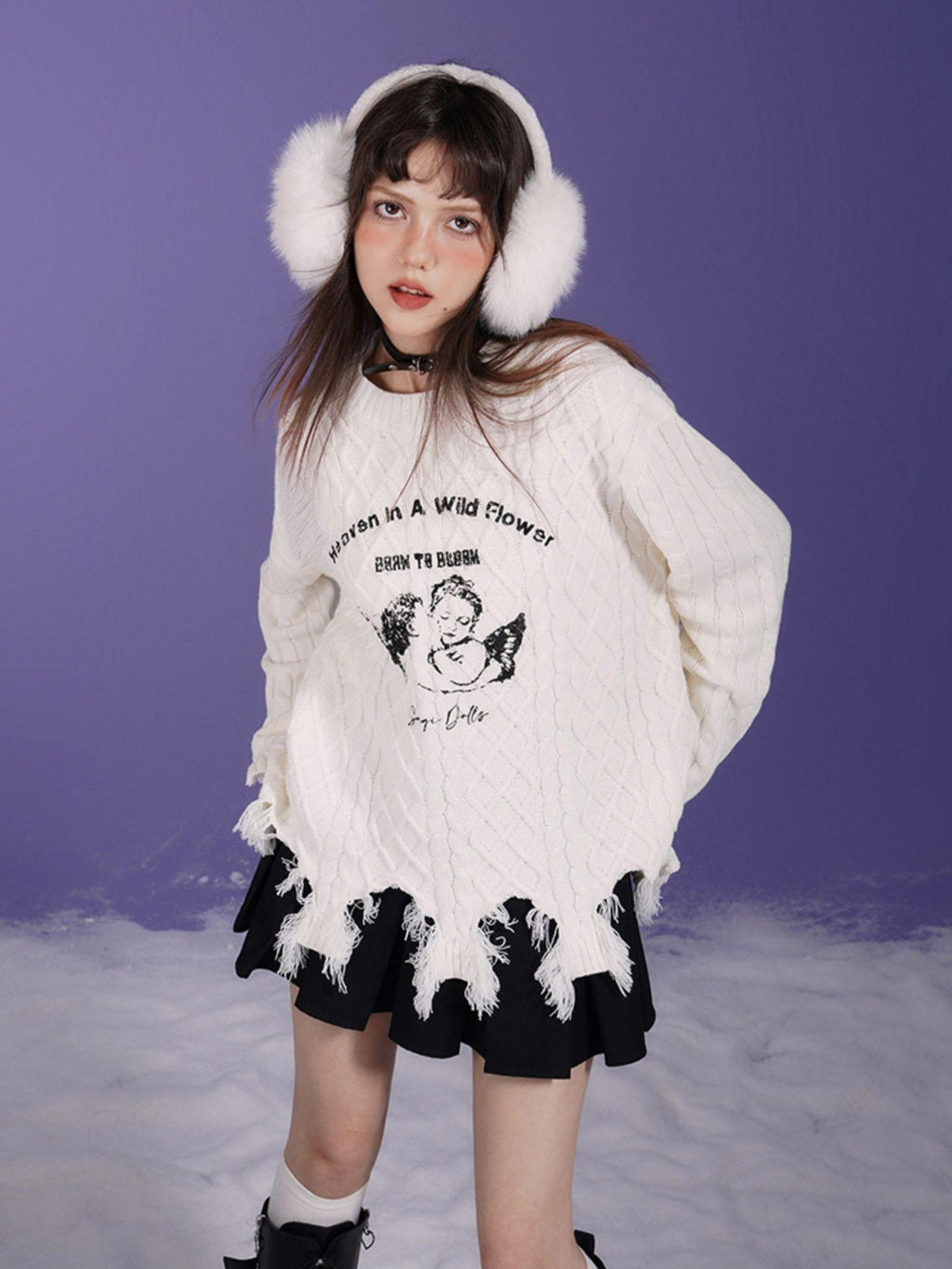 SagiDolls Angel Print Distressed Loose Fit Round Neck Women's Acrylic Pullover Sweaters