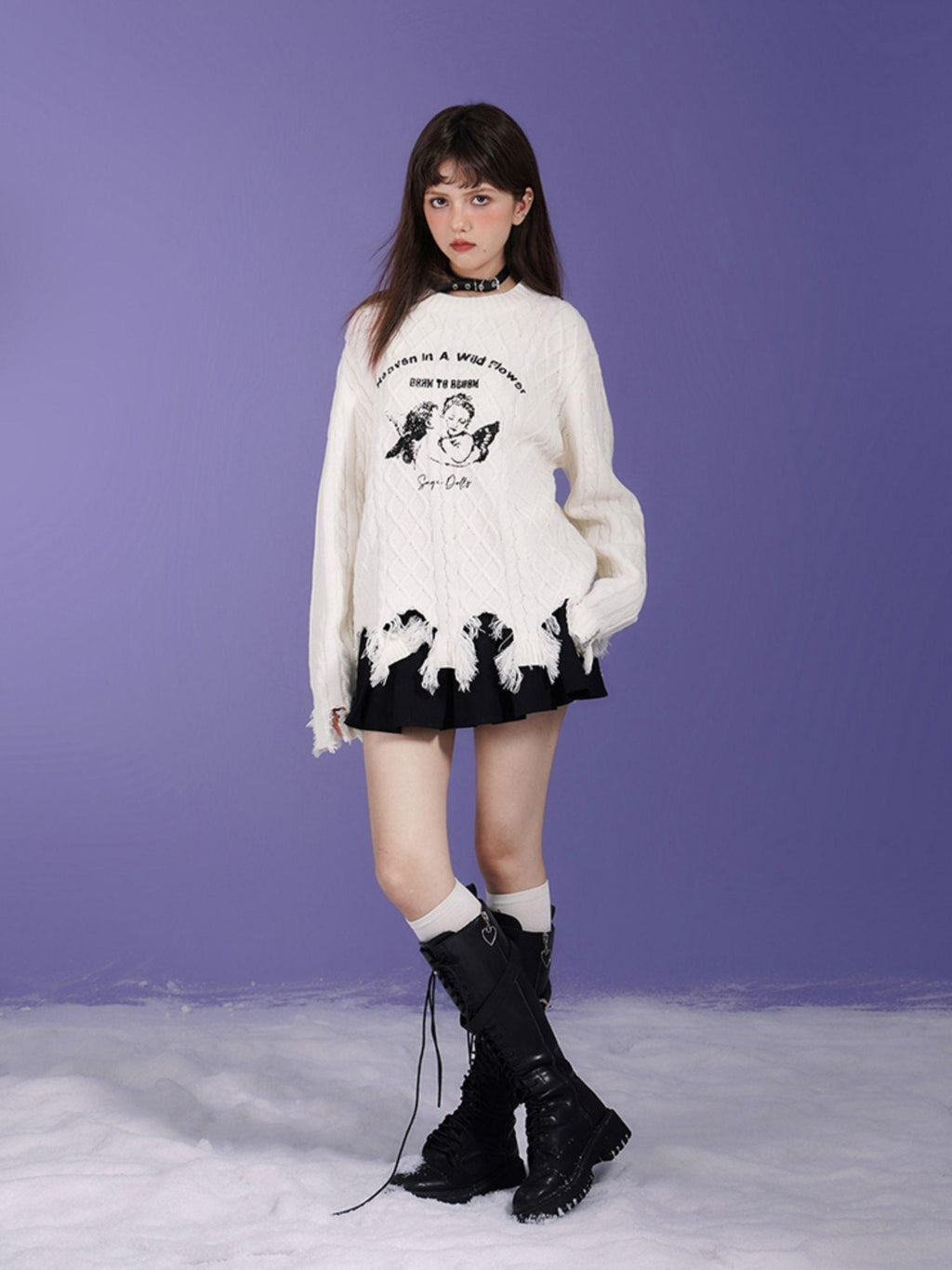 SagiDolls Angel Print Distressed Loose Fit Round Neck Women's Acrylic Pullover Sweaters