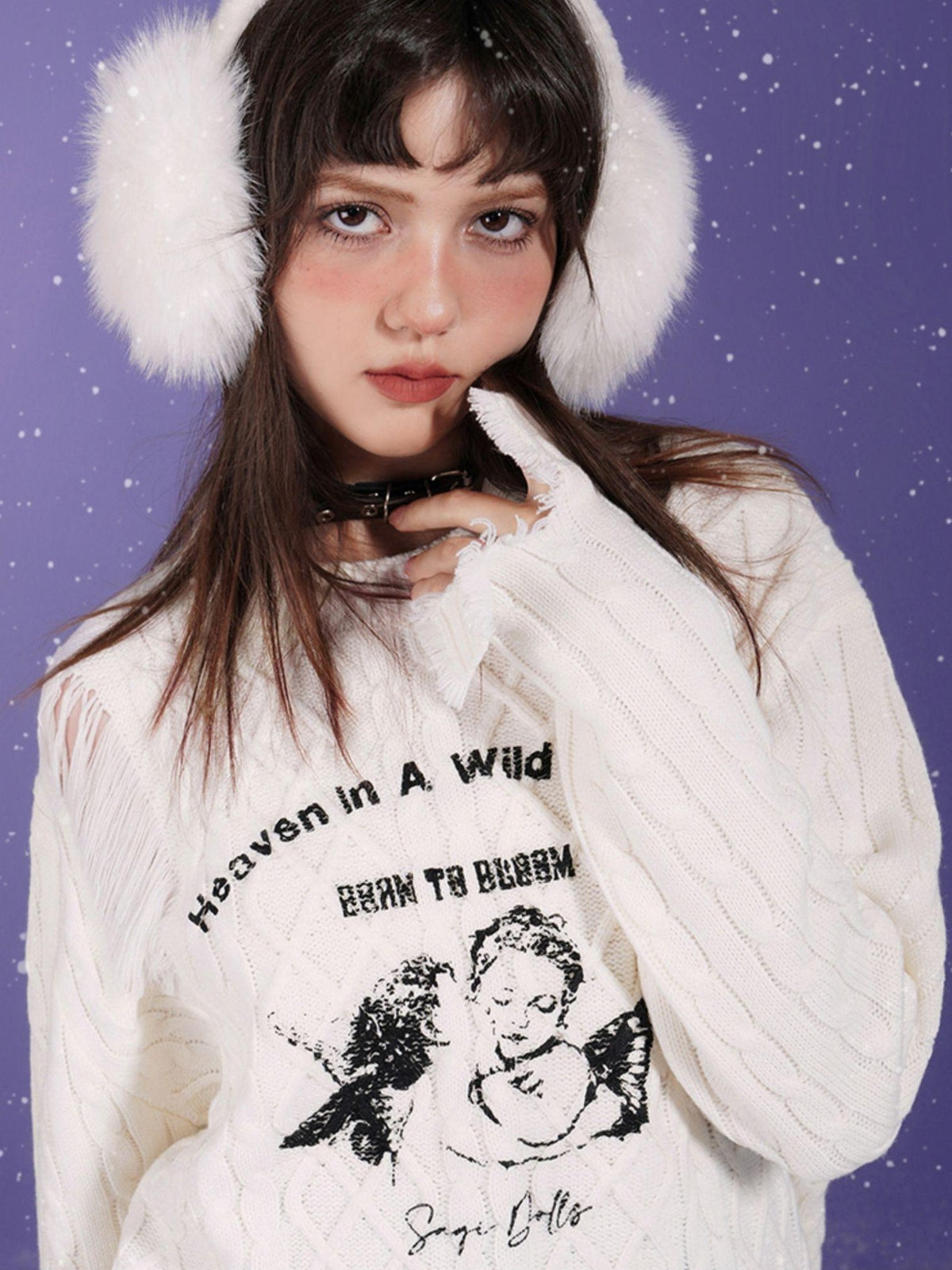 SagiDolls Angel Print Distressed Loose Fit Round Neck Women's Acrylic Pullover Sweaters