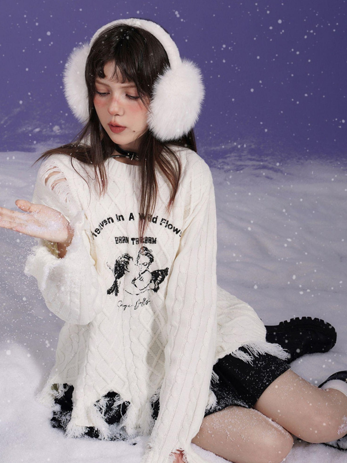 SagiDolls Angel Print Distressed Loose Fit Round Neck Women's Acrylic Pullover Sweaters