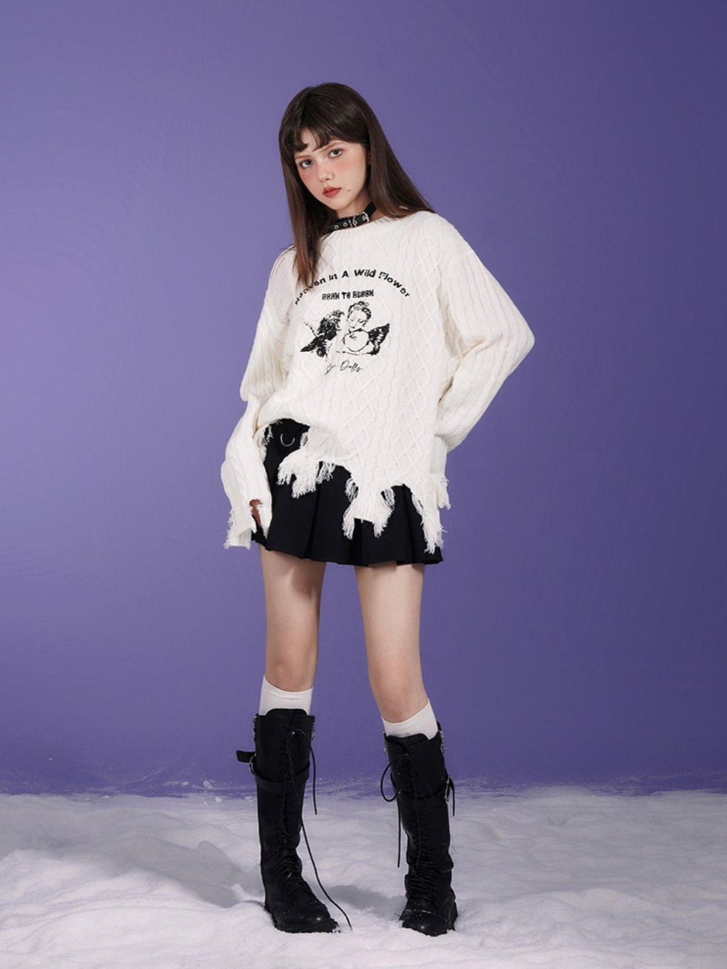 SagiDolls Angel Print Distressed Loose Fit Round Neck Women's Acrylic Pullover Sweaters