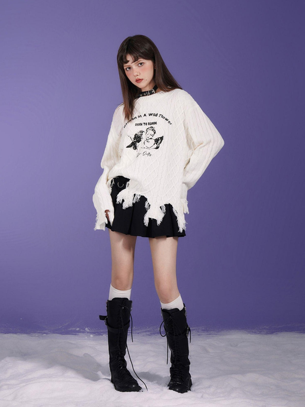 SagiDolls Angel Print Distressed Loose Fit Round Neck Women's Acrylic Pullover Sweaters