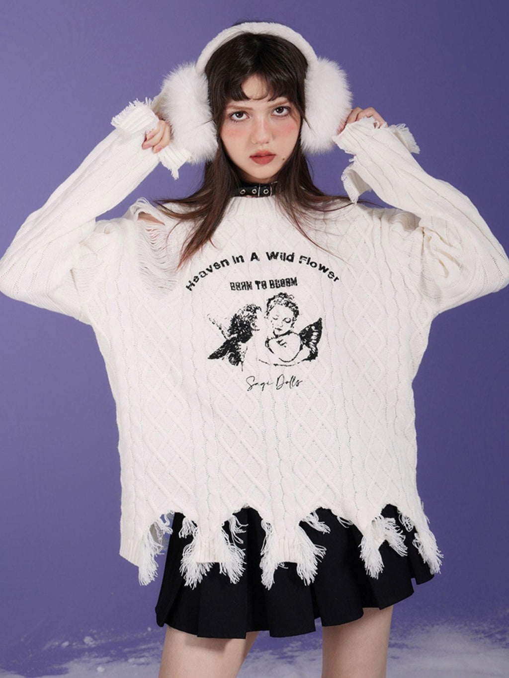SagiDolls Angel Print Distressed Loose Fit Round Neck Women's Acrylic Pullover Sweaters