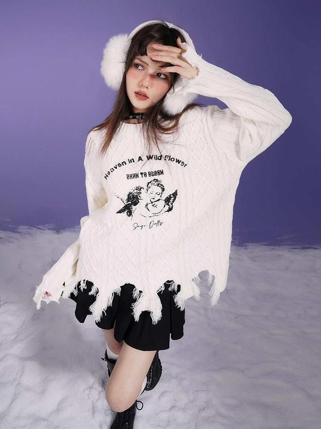 SagiDolls Angel Print Distressed Loose Fit Round Neck Women's Acrylic Pullover Sweaters