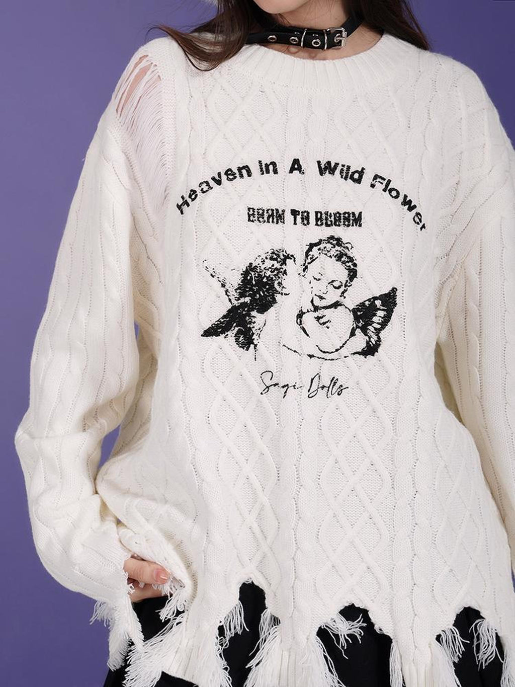 SagiDolls Angel Print Distressed Loose Fit Round Neck Women's Acrylic Pullover Sweaters