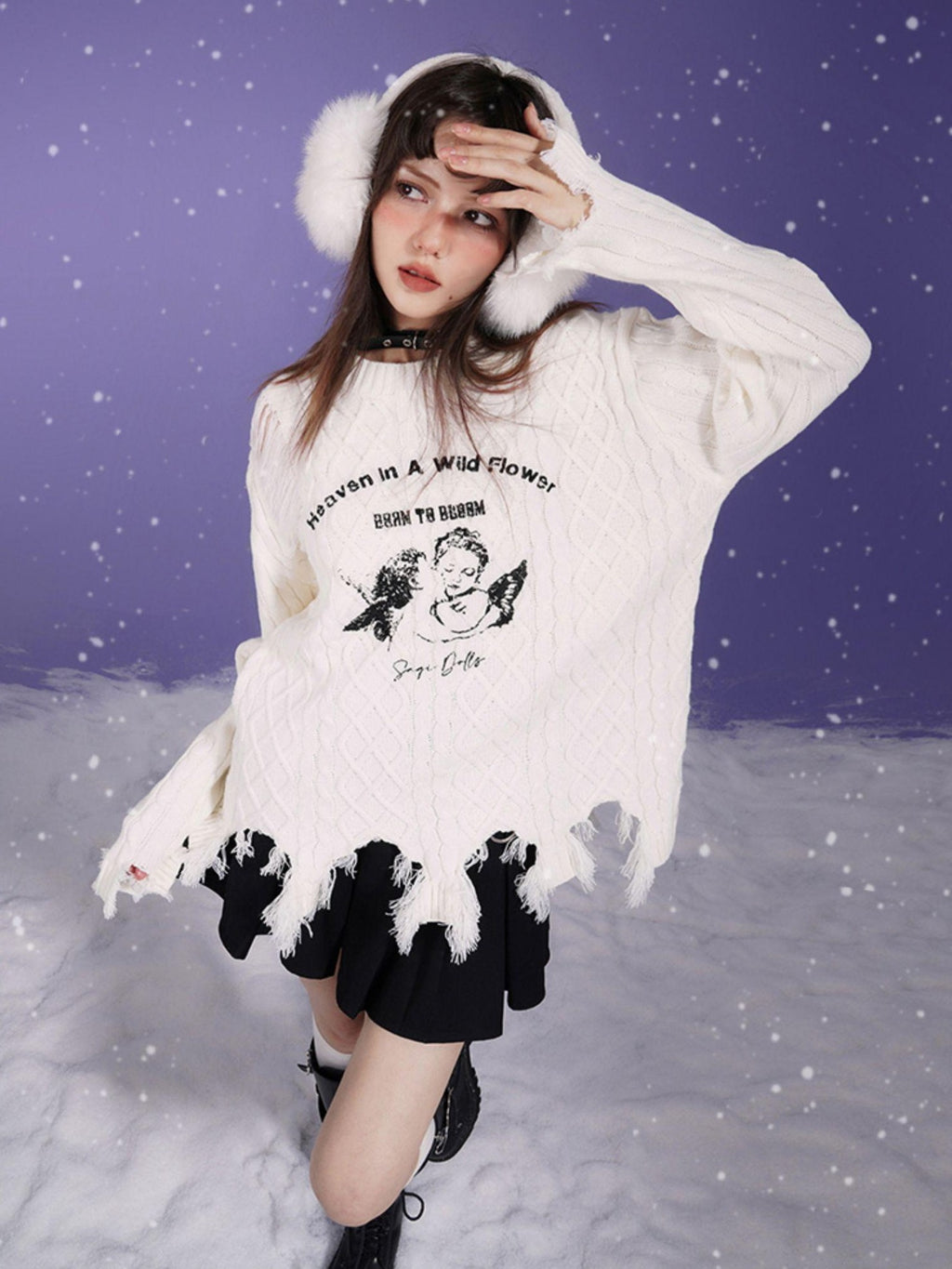 SagiDolls Angel Print Distressed Loose Fit Round Neck Women's Acrylic Pullover Sweaters
