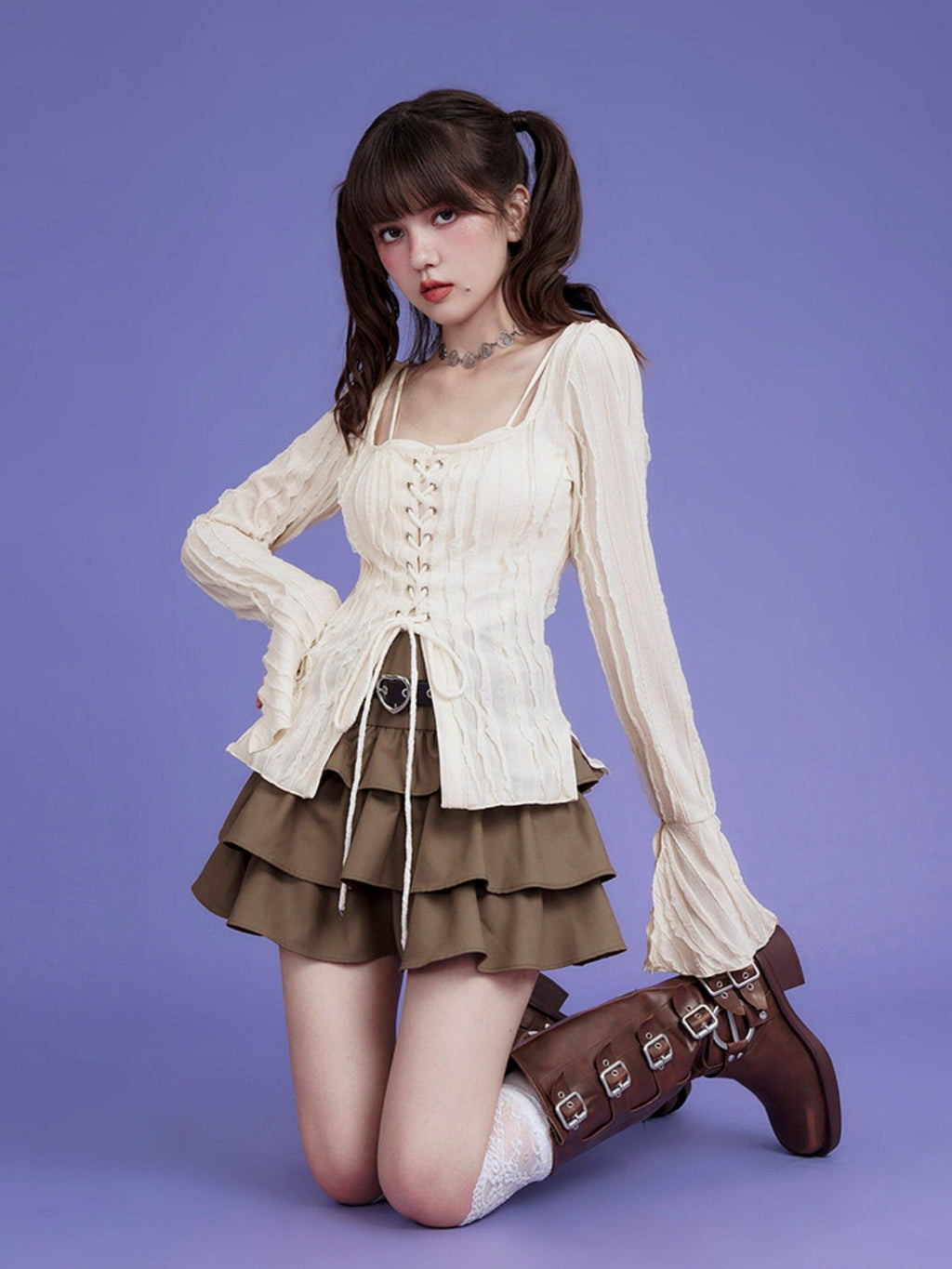 SagiDolls Apricot Tie Front Bell Sleeve Square Neck Slim Polyester Women's Chiffon Blouses