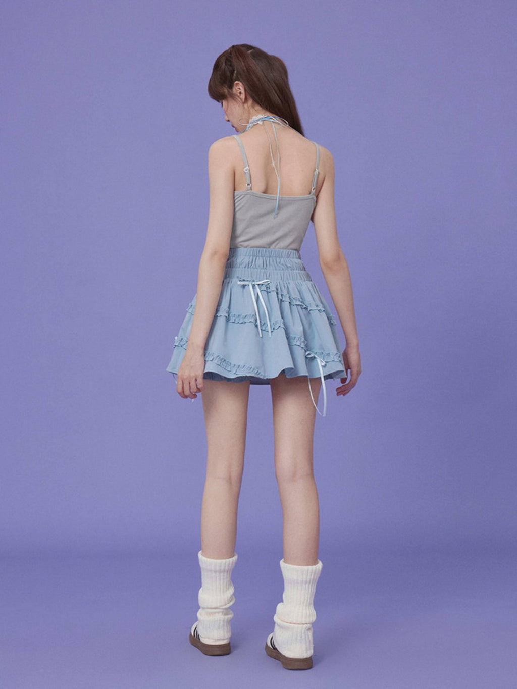 SagiDolls Baby Blue Double Waist Bow Ruffle High Waist Women's Mini Skirts