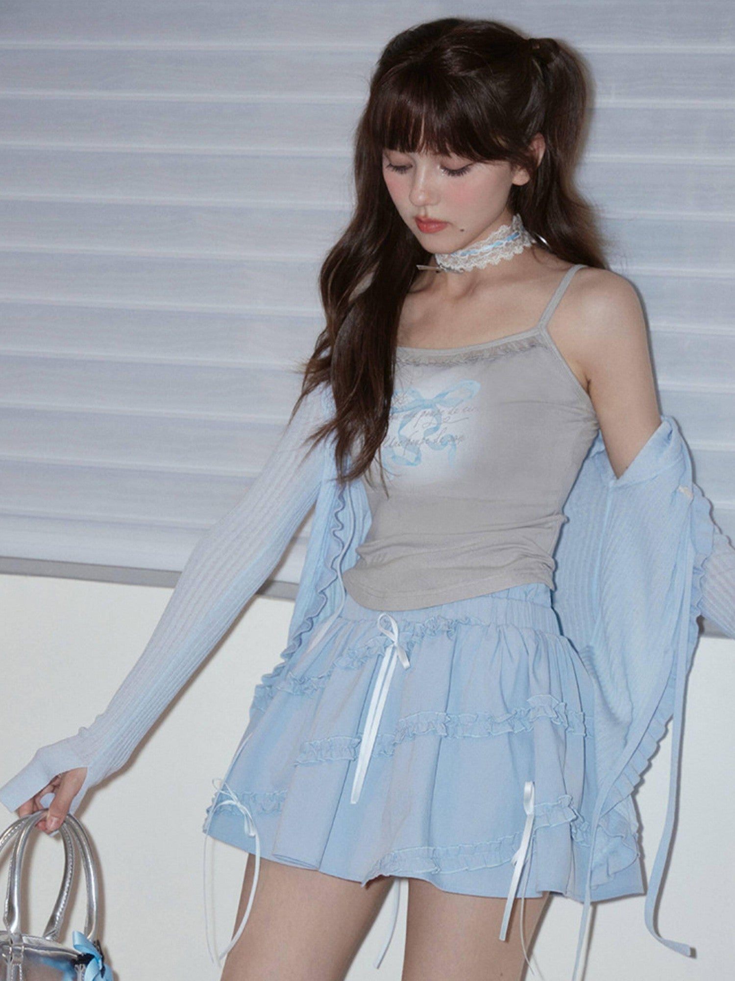 SagiDolls Baby Blue Double Waist Bow Ruffle High Waist Women's Mini Skirts