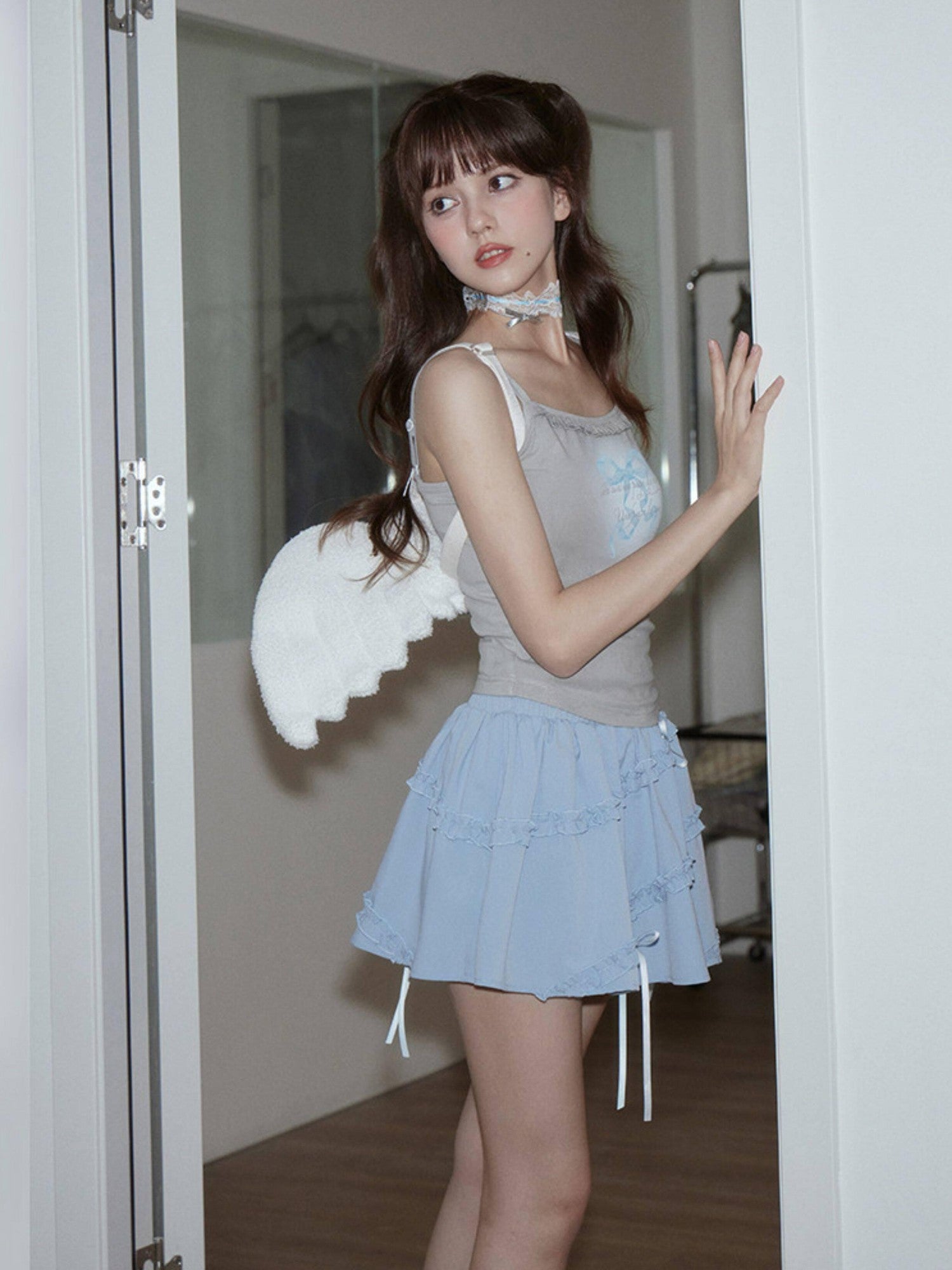 SagiDolls Baby Blue Double Waist Bow Ruffle High Waist Women's Mini Skirts