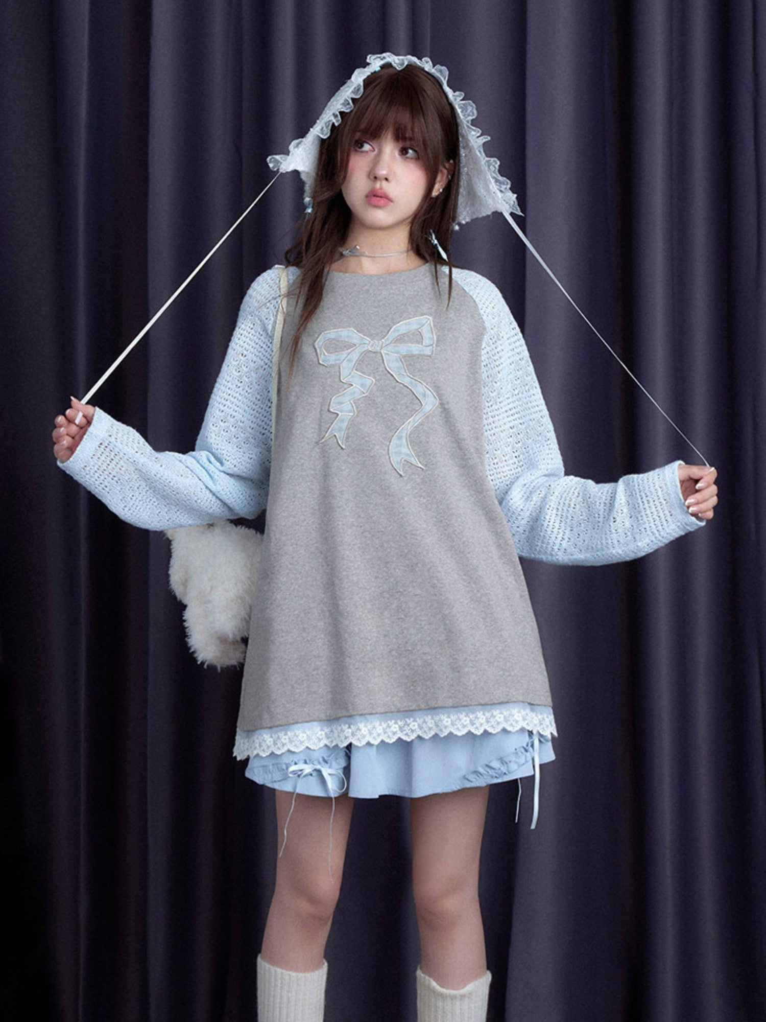 SagiDolls Baby Blue Double Waist Bow Ruffle High Waist Women's Mini Skirts