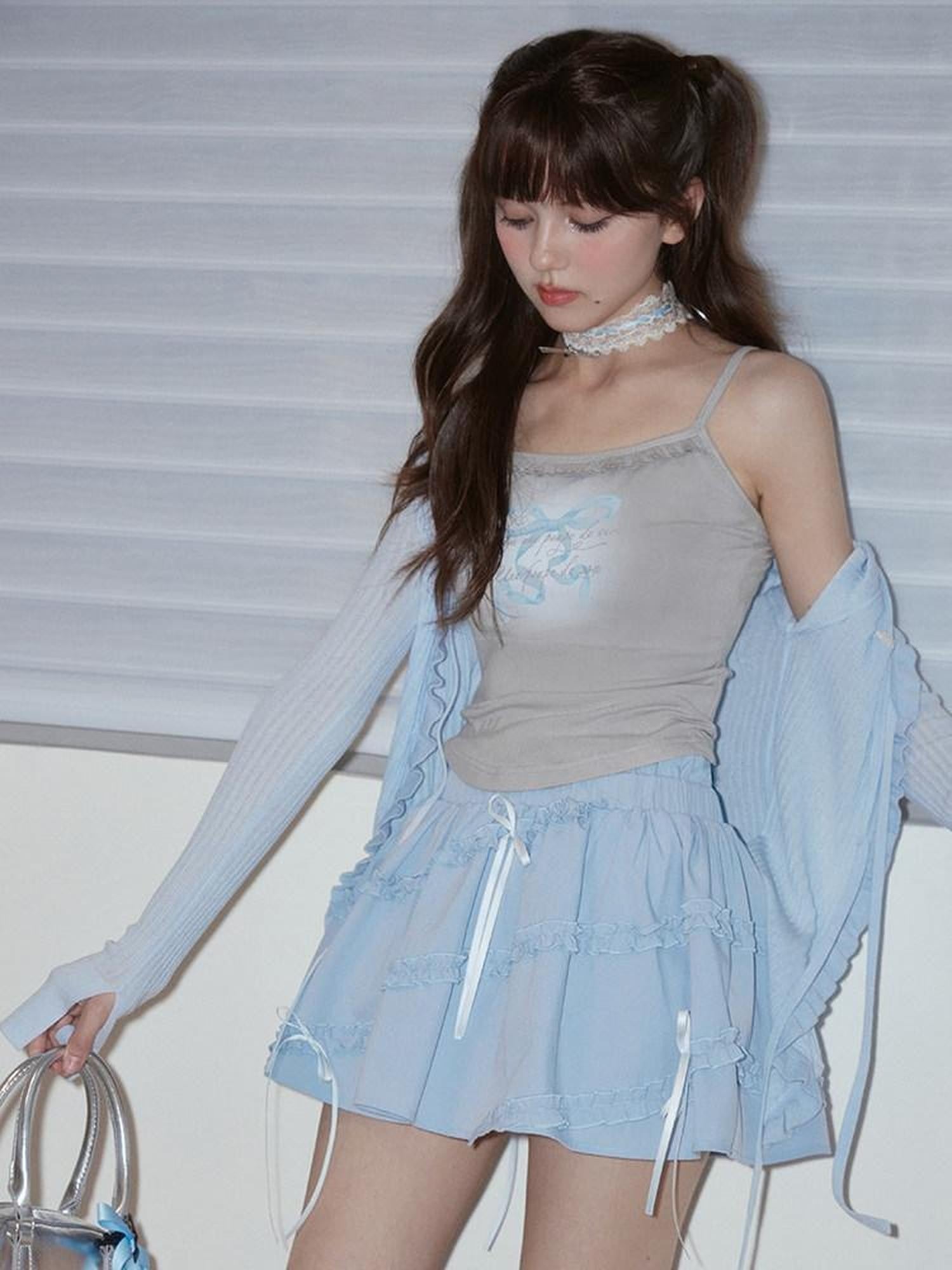 SagiDolls Baby Blue Double Waist Bow Ruffle High Waist Women's Mini Skirts