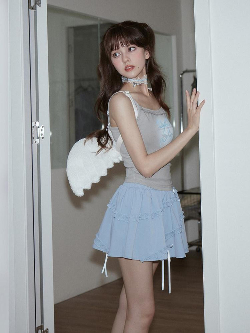 SagiDolls Baby Blue Double Waist Bow Ruffle High Waist Women's Mini Skirts