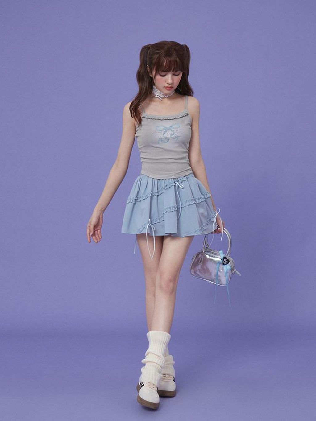 SagiDolls Baby Blue Double Waist Bow Ruffle High Waist Women's Mini Skirts