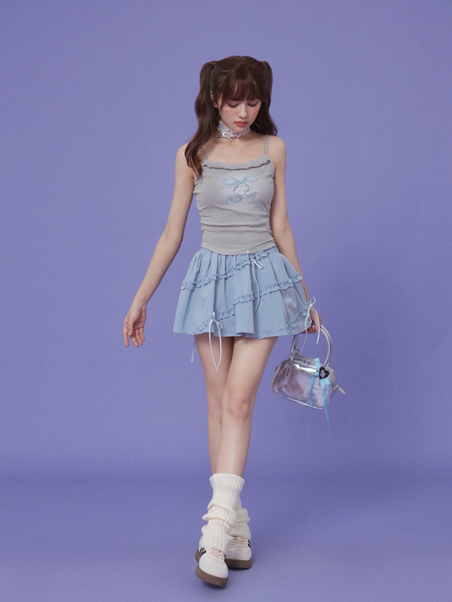 SagiDolls Baby Blue Double Waist Bow Ruffle High Waist Women's Mini Skirts